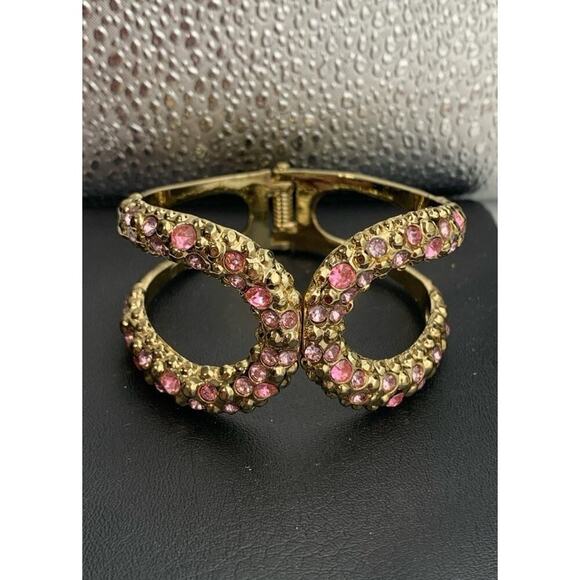 Gold Tone And Pink And Lavender Rhinestone Clamper Cuff Bracelet Bling Fairycore - Picture 1 of 6